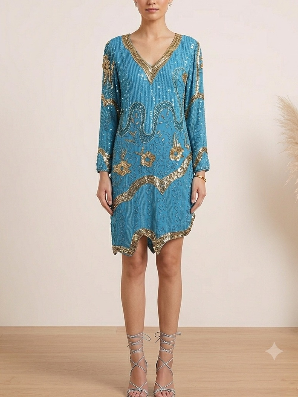 Vintage Deadstock Silk Embellished Teal Sequin V-Neck Dress with Gold Trim